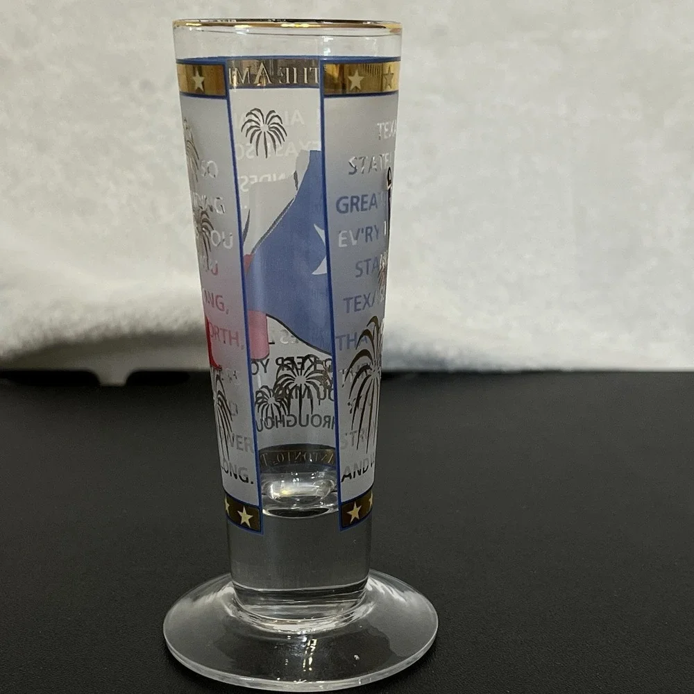 San Antonio Texas Footed Tall Stem Shot Glass Souvenir State Flag Gold Accents